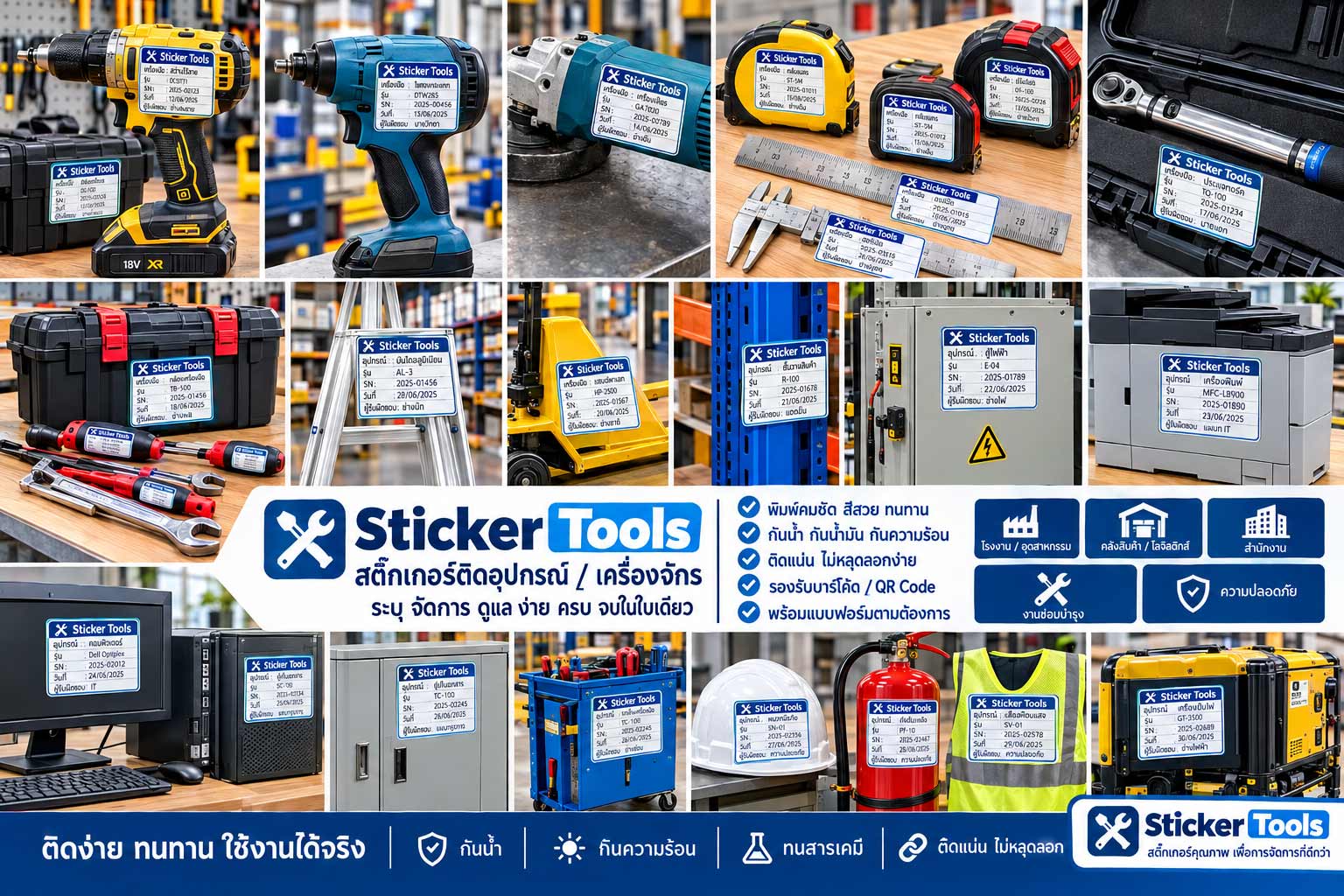 ตัวอย่างสติ๊กเกอร์ Sticker Tools ติดบนอุปกรณ์ต่างๆ เช่น ประแจ สว่าน กล่องเครื่องมือ ตู้ไฟ และหมวกนิรภัย